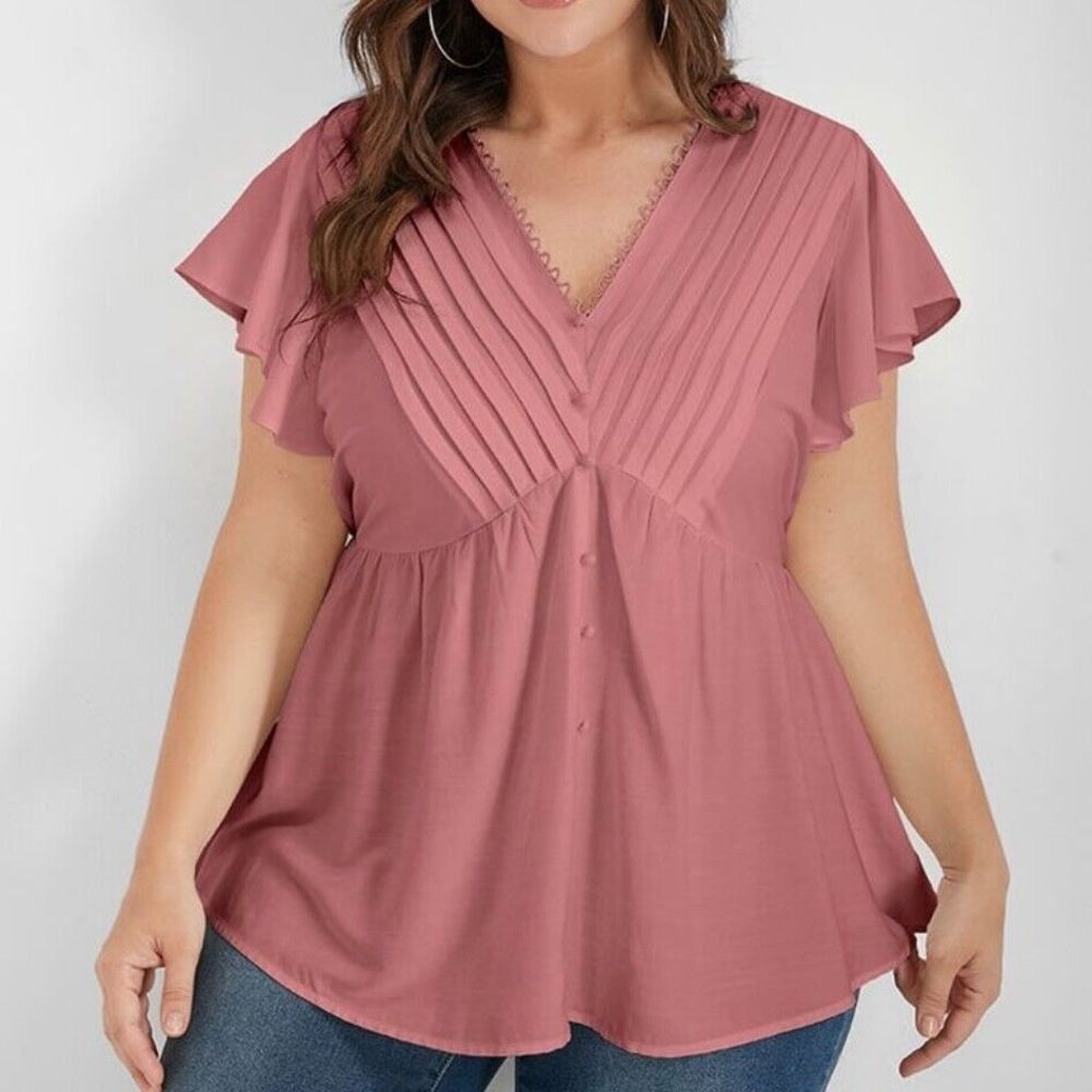 Bloomchic Top Womens Large 12 Coral V Neck‎ Short Flared Sleeve Blouse